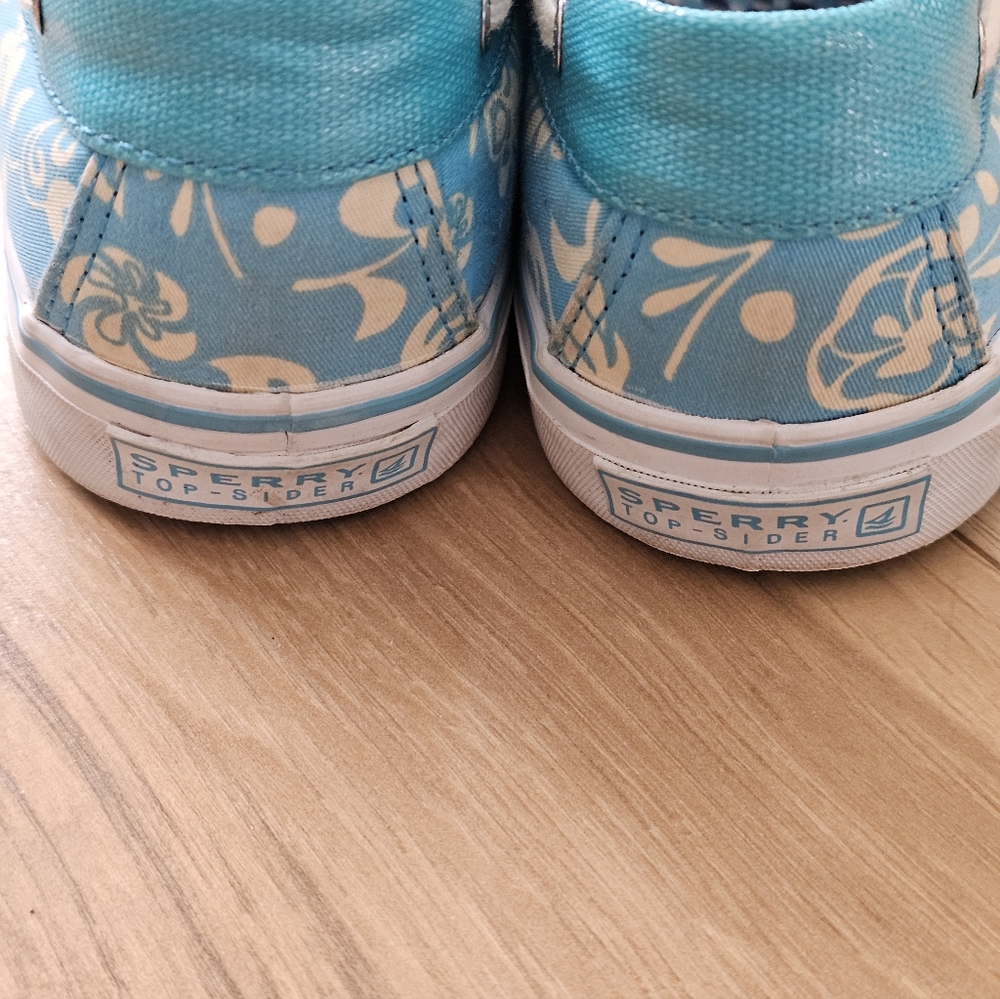 Sperry Top-Slider Floral Canvas Blue & Cream Boat Shoes  Size 8.5 - Picture 8 of 11